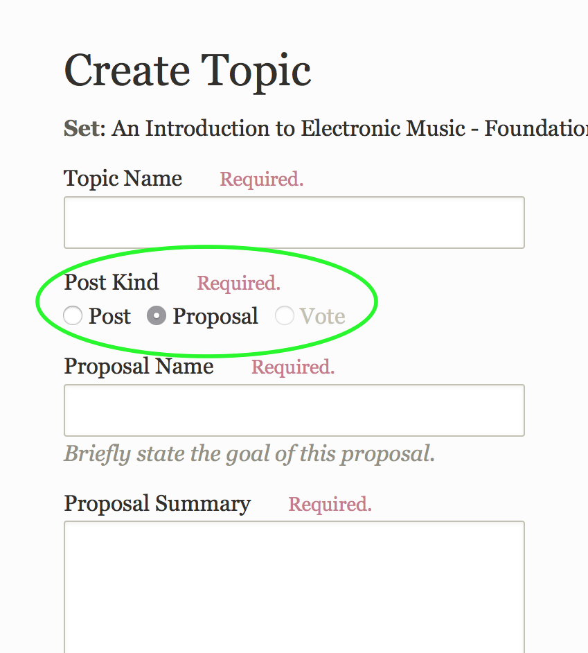 An outdated screenshot. When you create a topic or post, you can choose between a regular post, a proposal, or a vote.