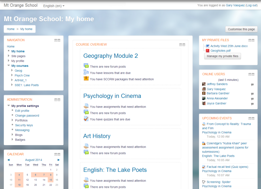 A screenshot of Moodle, an open-source learning management system. Designed to support in person classes, but sometimes used to teach a course by itself. [https://commons.wikimedia.org/wiki/File:1_MyHomeExample.png](https://commons.wikimedia.org/wiki/File:1_MyHomeExample.png)